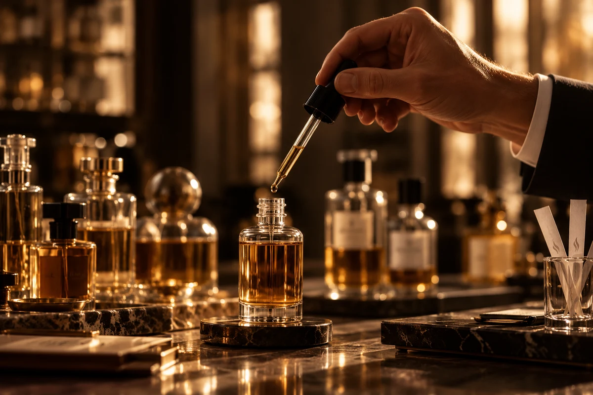 Mão de perfumista com conta-gotas pingando essência em um frasco, entre frascos de perfume sobre mármore